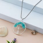 Amazonite Pendant Tree of Life Crystal Stone Pendant Locket with Metal Chain for  Healing Crystal Healing Gemstone Size 35-40 mm Amazonite